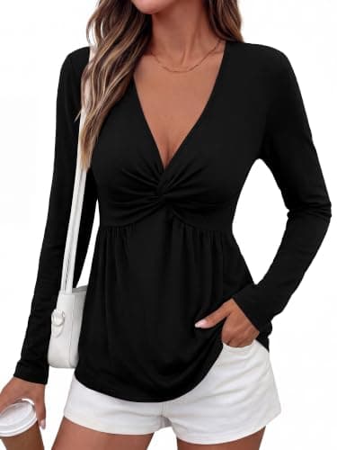 BTFBM Babydoll Tops for Women 2026 Fall Fashion Twist Front V Neck Flowy Long Sleeve Blouses Dressy Casual Peplum Tops(Black, X-Large) - Thumbnail 2