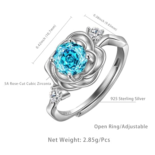 Rose Birthstone Opening Ring - 925 Sterling Silver Rose Cut Cubic Zirconia March Aquamarine Flower Adjustable Anniversary Engagement Promise Ring Birthday Jewelry Gift for Wife Mom Daughter DR0166M - Thumbnail 4