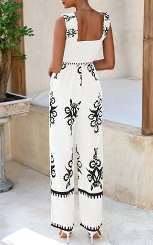 PRETTYGARDEN Womens Jumpsuit Casual One Piece Boho Summer Outfits Shirred Strap Wide Leg Long Pants Rompers With Pockets (White Black Flower, Small) - Thumbnail 6