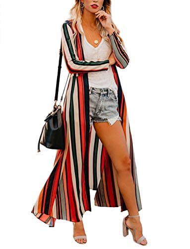 Women's Long Striped Kimono Cover Ups Lightweight Summer Cardigan Dusters Boho Sheer Colorful Rainbow Flowy Small - Image 1
