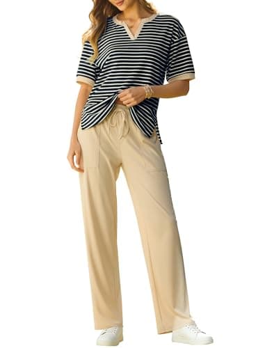 difficort Two Piece Sets for Women 2026 Cruise Outfits Casual Travel Vacation Striped Lounge Sets Beach Clothes Wide Leg Pants Women's Work Going Out Clothing Apricot Navy Stripe M - Image 1