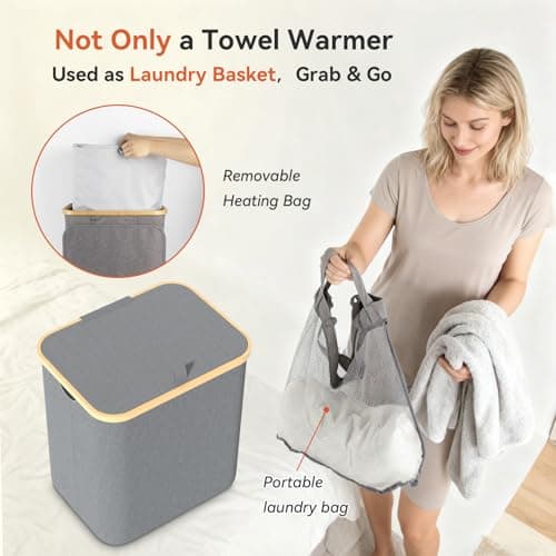 cocozywarm Towel Warmer & Laundry Basket 2-in-1, Foldable Towel Warmer for Bathroom with Removable Heating Bag, 20/40/60Mins Fast Heating, Auto Shut-Off, Fits 3 Large Towels Blankets, Ideal Xmas Gift - Thumbnail 6