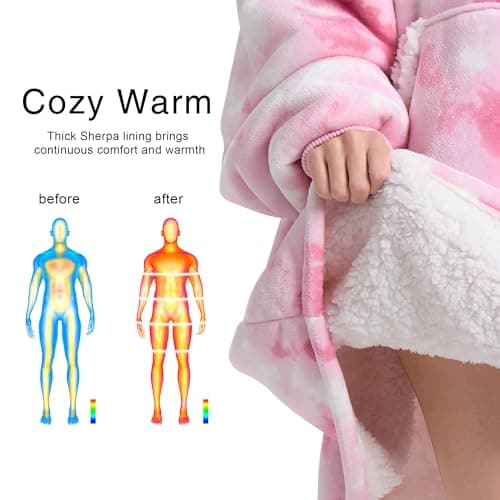 Kipswiza Wearable Blanket Hoodie - Oversized Soft Cozy Sherpa Fleece Hooded Blankets Sweatshirt as Gifts for Women Mother Daughter Girlfriend, Pink Tie Dye - Thumbnail 4