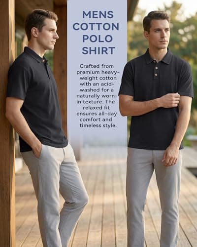 KUYIGO Men's Cotton Polo Shirts Short Sleeve Casual Summer Vintage Washed Shirt Classic Collared Shirt Black L - Thumbnail 5