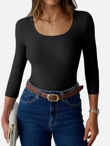 GKBK Womens 3/4 Sleeve Scoop Neck Tops Ribbed Knit Slim Fitted Casual Basic Tee Shirts 2026 Summer Fashion Trendy Work Casual T-Shirt Workout Outfits Thermal Undershirts Layering Clothes Black S - Thumbnail 2