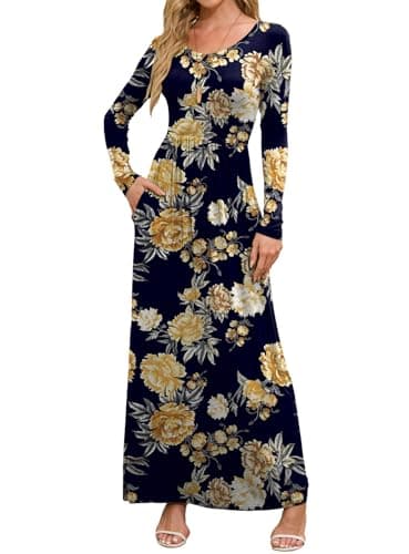 DEARCASE Maxi Dress for Women Flower Yellow Black X-Large Round Neck Boho Long Sleeves A-line Casual Hawaiian Empire Waist Flowy Party Vintage Spring Fall Winter Floor Dresses with Pocket - Image 1