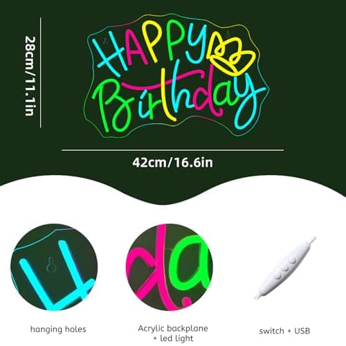 WLHOPE Happy Birthday Neon Sign Led Lights for Party Wall Decor Transparent Acrylic Board Light Signs for Club Children Friends Gift Decoration - Thumbnail 4