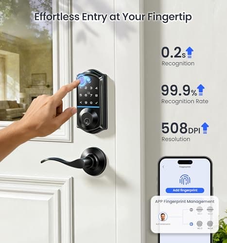 Veise VE017-L Fingerprint Smart Lock with Lever Handles, App Control, Keyless Entry Front Door Lock Set, Electronic Digital Keypad Deadbolt, Remote Grant, Emergency Power Port, Auto Lock, Matte Black - Thumbnail 6