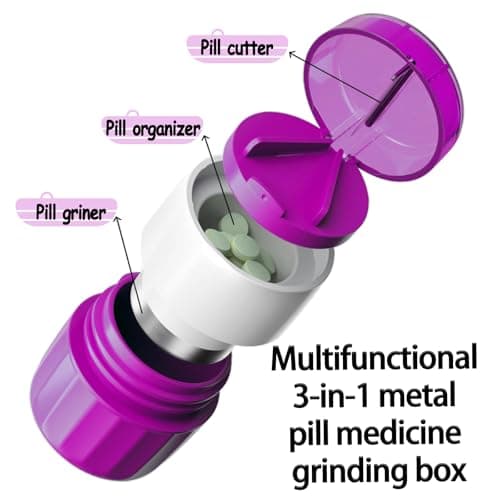Pill Cutter Splitter for Small and Tiny Pills Vitamins Tablets, Built-in Storage Compartment, Pill Crusher Fine Powder with Stainless Steel Grinding Head,Pills Grinder with Pill Box Organizer (Purple) - Thumbnail 2