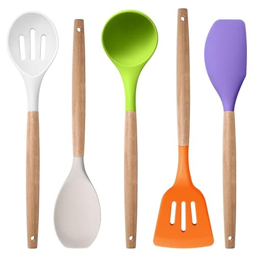 Herogo 5-Piece Cooking Utensils Set, Silicone Kitchen Utensils Set with Wooden Handle, Heat Resistant Cooking Tools Slotted Turner, Spoon, Soup Ladle, Spatula, Spoonula for Nonstick Cookware, Colorful