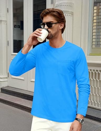 Cotrasen Long Sleeve Shirts for Men Cotton Crew Neck Pocket T Shirts for Men Breathable Moisture Wicking Tee Shirts Azure XL - Thumbnail 2