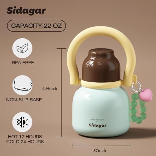 Sidagar 22 oz Water Bottle with Straw and Bowl, Wide Mouth Insulated Stainless Steel Tumbler;24H Ice Cold Leak-Proof Cup for Women Picnic & Hiking; Heart Bracelet Charm, Ideal Gift Choice, Gem Blue - Thumbnail 2