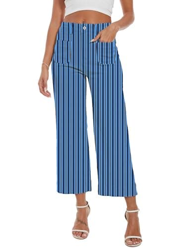 DAOAO Blue Striped Pants Women Cropped Jeans High Waisted Stretchy Wide Leg Jeans Woman Denim Pant Trendy S - Image 1