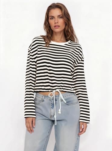 MONCCIZA Womens Long Sleeve Sweatshirt Oversized Striped Crewneck Pullover Going Out Crop Tops Casual Outfits Black - Thumbnail 2
