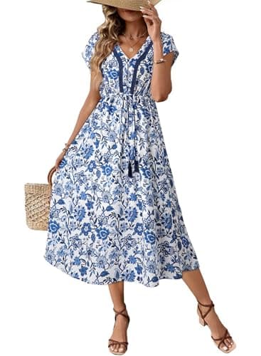 Dokotoo Boho Summer Dresses for Women Floral Sundress for Women Drawstring Waist Daily Lightweight Summer Midi Dress Flowy Wedding Guest Dress Casual Vacation Outfits Resort Wear Blue XL - Image 1