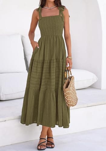 BTFBM Women's 2026 Spring Boho Spaghetti Strap Dress Casual Sleeveless Smocked A Line Beach Sundress Long Maxi Dresses(Army Green, Large) - Thumbnail 4