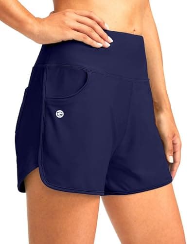 G Gradual Women's 3" High Waisted Swim Board Shorts with Pockets Quick Dry Swimsuit Bottoms Bathing Suit for Women with Liner(Navy,M)