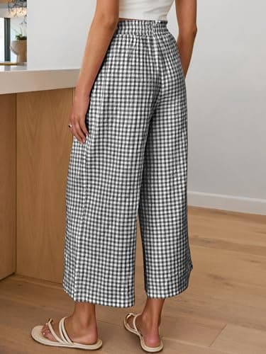 ANRABESS Womens Striped Gingham Palazzo Capri Pants Pajama Wide Leg Lounge Trousers Plaid Cute Crop PJ Bottoms with Pockets Black White Plaid X-Large - Thumbnail 5