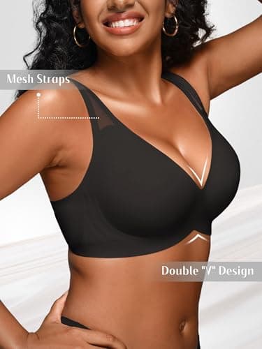 Cuteio Deep V Jelly Bras for Women Seamless Wireless No Underwire Bralette with Support, Comfy Lightly Padded T-Shirt Bra PartialUpdate Pure Black - Thumbnail 3