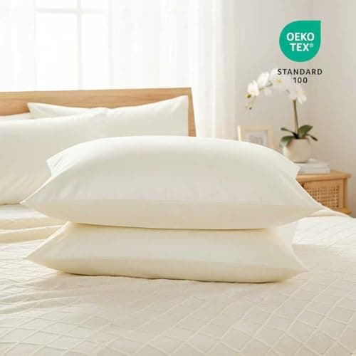 DCSKY Organic Cotton Queen Pillowcases - Set of 2, 800 Thread Count Cotton Pillowcases - Soft and Breathable Envelope Closure Pillow Cases - 20x30 Pillow Covers for Bed，Cream White - Thumbnail 2