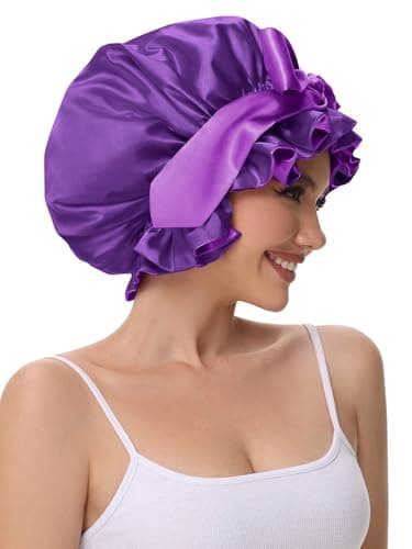 Vettres Cute Adjustable Silk Bonnet for Sleeping Double Layer Satin Cap Hair Sleep Bonnet for Curly Hair Purple - Thumbnail 6