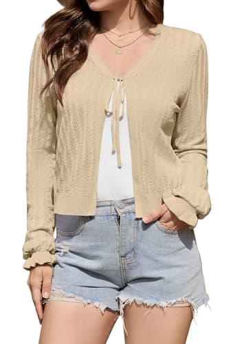 JUYUEO Womens Crochet Cropped Cardigan Tie Front Shrug Cute Long Sleeve Bolero Knit Sweater for Dresses Apricot XXL - Image 1