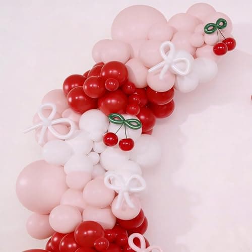 Red Cherry Balloon Garland Arch Kit, 143 Pcs Bow Pastel Pink and White Balloons for Cherry Themed Birthday Party Bridal Shower Wedding Galentine's Valentines Day Decorations - Thumbnail 6