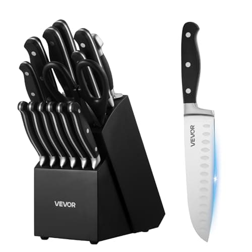 VEVOR Kitchen Knife Set with Block and Sharpener, 15 Piece High Carbon Stainless Steel Sharp Knife Set, Kitchen Cutlery with Crack-Resistant Handle, Sharpening Rod and Wooden Block, for Home Cooks - Image 1