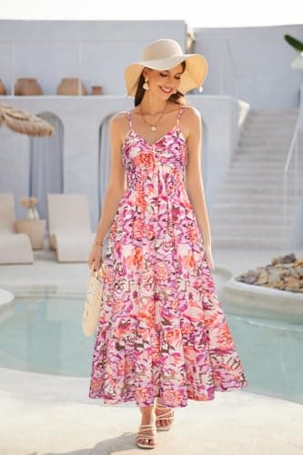 GRACE KARIN Women's Summer Boho Spaghetti Strap V Neck Casual Flowy Long Dress Beach Swing Party Maxi Dress - Thumbnail 4