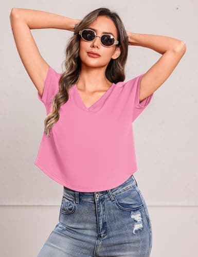 Totatuit Women Cute Cropped Tshirts for Students Teen Girls Loose Fit V Neck Cap Sleeve Tee Summer Beach Travel Holiday Tops Pink Medium - Thumbnail 2