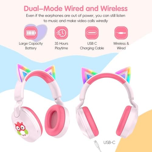 LOBKIN Kids Headphones with Microphone Bluetooth 6.0, Toddler Headphones LED Ligh Rotatable Foldable Sensitive Mic Adjustable 85/94dB Volume Limit Real-time Audio Feedback for Boys Girls Online School - Thumbnail 5