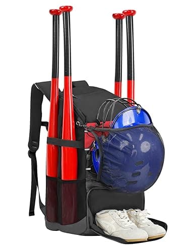 TPAID Baseball Backpack Softball Bag: 4 Bat Adult Youth Lightweight - Dry Wet Separation Compartment Shoe Glove Storage Helmet Holder Equipment Fence Hook College Team Backpack Black