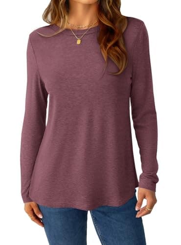 GKBK Women's Long Sleeve Shirts Casual Crewneck Tops Fall Fashion Soft Basic Tee for Work Business Wine Red - Thumbnail 2