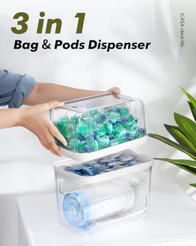 iCASA Trash Bag and Dishwasher Pod Dispenser - 3 in 1 Clear Storage Bins Holder for 13/30/33 Gallon Garbage Bags, Laundry Detergent Pods & Tabs, Under Sink Organizer for Kitchen and Laundry Room - Thumbnail 2