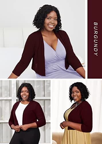 AusLook Bolero Plus Size 3/4 Sleeve Christmas Cardigan for Women Burgundy 3X Lightweight Tops Open Front Knit Cropped Bolero Shrug Sweater Coat for Summer Evening dresses - Thumbnail 4