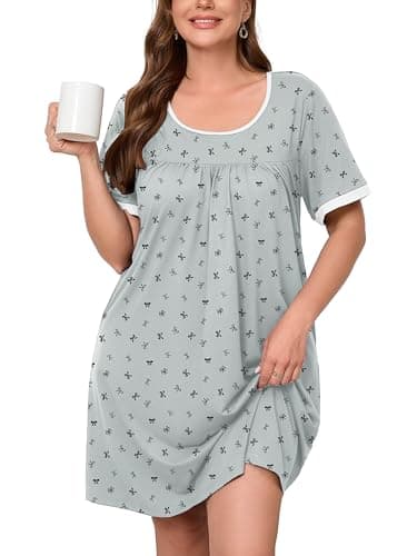 AusLook Plus Size Women's Nightgown 4X Bow Tie Grey Short Sleeve Sleep Dress Sleepwear Soft Sleepshirts Pleated Scoopneck Nightshirt Sleep shirts with Pockets - Image 1