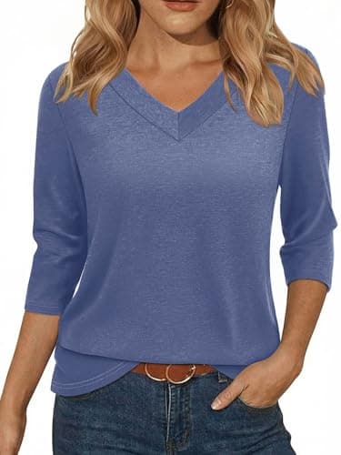 YESTTO Womens Tops 3/4 Sleeve V Neck Tunic Tops Casual Loose Fit Shirts Soft Lightweight Blouses Tees Blue (XXL)