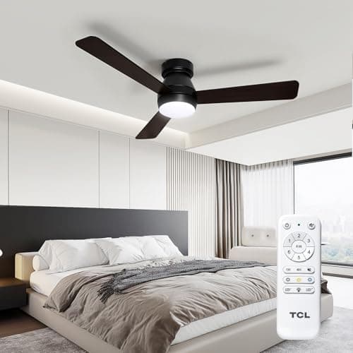 TCL Ceiling Fans with Lights, 42 inch 3 blades Low Profile and Remote Control, Reversible, Flush Mount, 3CCT, Dimmable, Noiseless, Black Ceiling Fan for Bedroom, Indoor/Outdoor Use (Black, 42 Inch)