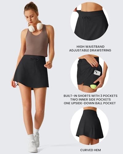 G4Free Tennis Skirts for Women High Waisted Golf Skort Summer Casual Skirt Adjustable Drawstring Curved Hem Skorts with Inner Pockets(Black,XXL) - Thumbnail 3