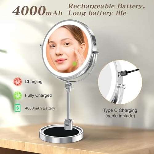 Rocollos Tabletop Makeup Mirror with Built-in Vanity Tray, 9" Rechargeable 4000mAh Lighted Vanity Mirror 1X/10X Magnification, Height-Adjustable Arm, 3 Color Dimmable (9Inch Chrome) - Thumbnail 5