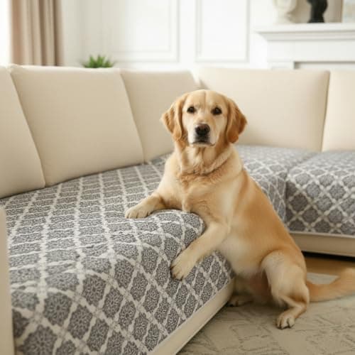 ALIECOM L Shaped Couch Cover for Sectional Sofa Waterproof Sofa Slipcover Non Slip Corner Couch Covers for Dogs Cats (Large, Floral Gray & Ivory) - Thumbnail 2