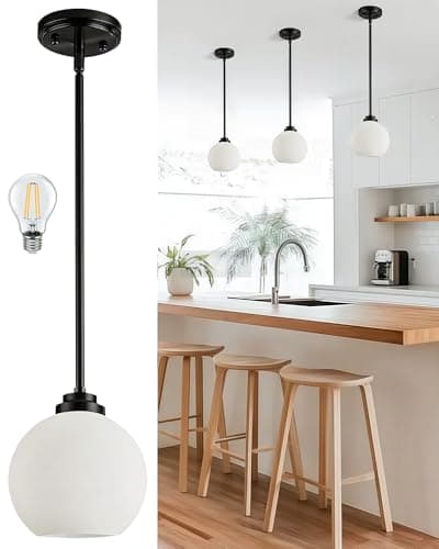 Majade Globe Pendant Lights Kitchen Island Pendant Light Fixtures 7.4 Inch Black Mid Century Modern Globe Pendant Lighting with Milk Glass Adjustable Hanging Light Fixtures for Dining Room living room - Image 1