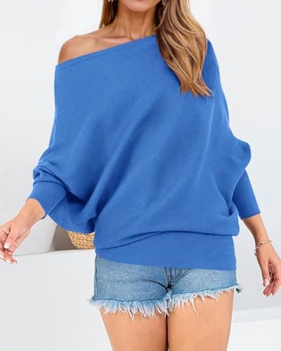 Zenlonr Women's Fall Sweaters 2026 Casual Long Batwing Sleeve Loose Off Shoulder Knit Pullovers Jumper Tops(Brilliant Blue,Large) - Thumbnail 3