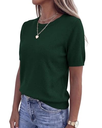BTFBM Women's Short Sleeve Sweaters 2026 Summer Crew Neck Knit Work Shirts Business Casual Tops Basic Fall Fashion Clothing(Dark Green, Small) - Thumbnail 5