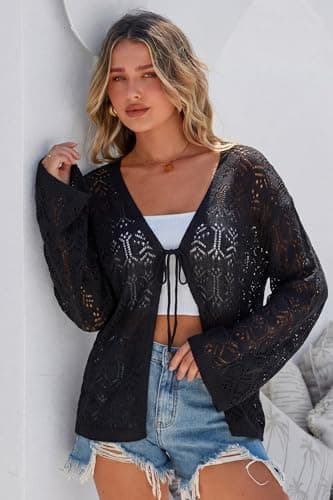 Arach&Cloz Women's Linen Blend Summer Crochet Cardigans Sweater Long Sleeve Lightweight Tie Open Front Lacey Knitted Sweater Boho Cover Up Beach Vacation Outfits Resort Wear Trendy 2026 Black L - Thumbnail 3