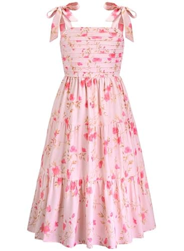 Dolxico Girls Floral Dress Summer Ruched Flowy Chiffon Tiered Cami Dresses with Pockets Kids Hawaiian Beach Vacation Party Wedding Birthday Sleeveless A-Line Midi Sundress for 12-14 Years(Pink Floral) - Image 1