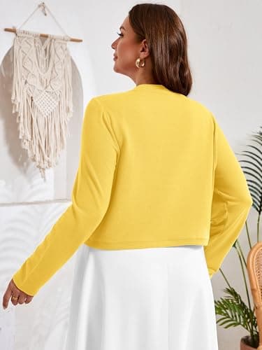 AusLook Plus Size Women Shrugs Long Sleeve Bright Yellow 5X Open Front Cardigan Knit Lightweight Coat Cropped Bolero Tops Shawls and Wraps Dressy Sweater - Thumbnail 6
