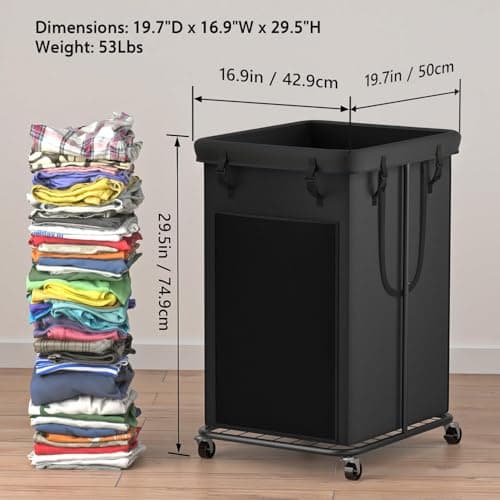 Laundry Basket 155L, Oxford Fabric Laundry Hampers, Metal Frame and Removable Bag Design with Wheels, Suitable for Bedroom, Bathroom, Dorm Room, Laundry Room (Pure Black) - Thumbnail 3