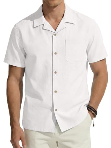 PJ PAUL JONES Mens Linen Shirt Short Sleeve Cotton Hawaiian Button Up Shirts for Men Casual Cuban Summer Beach Shirts with Pocket White