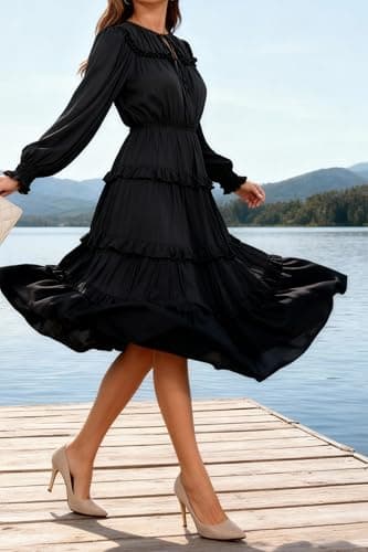 Ystguic Women's Bohemian Long Sleeve Elastic Waist Tiered Ruffled V Neck Aline Dresses with Pockets 2025 Fall Rayon Viscose Dress for Seniors for Vocation Formal Large Black L 045 - Thumbnail 2